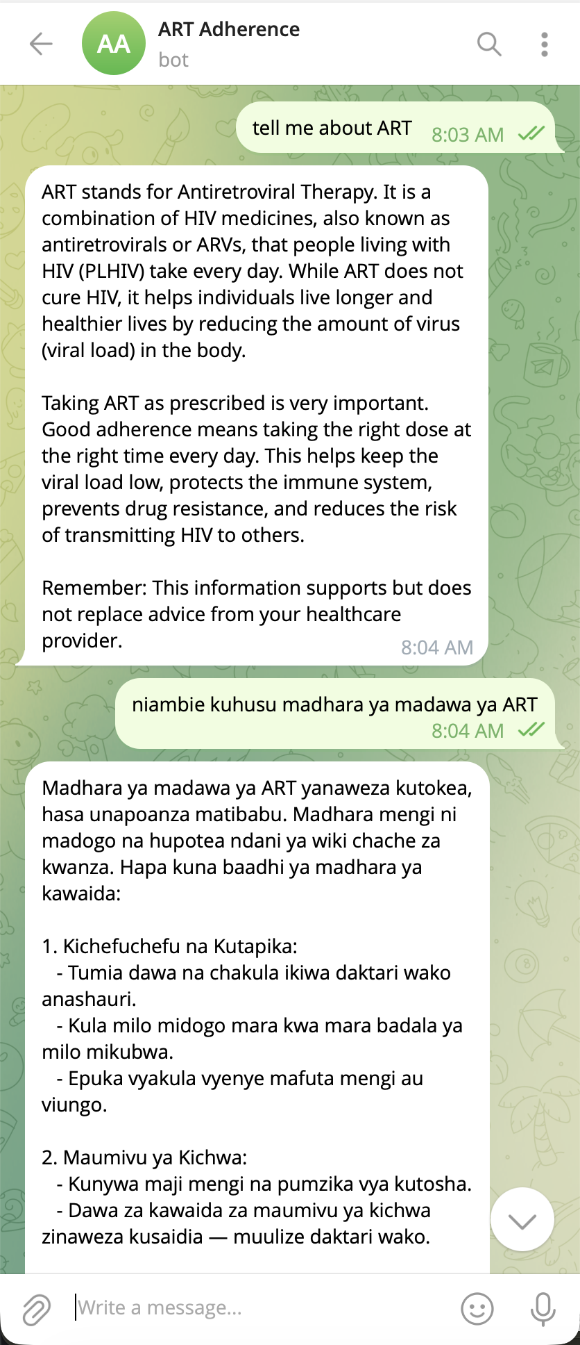 Phone showing a chat with the self-care guide answering questions about ART in English and Kiswahili